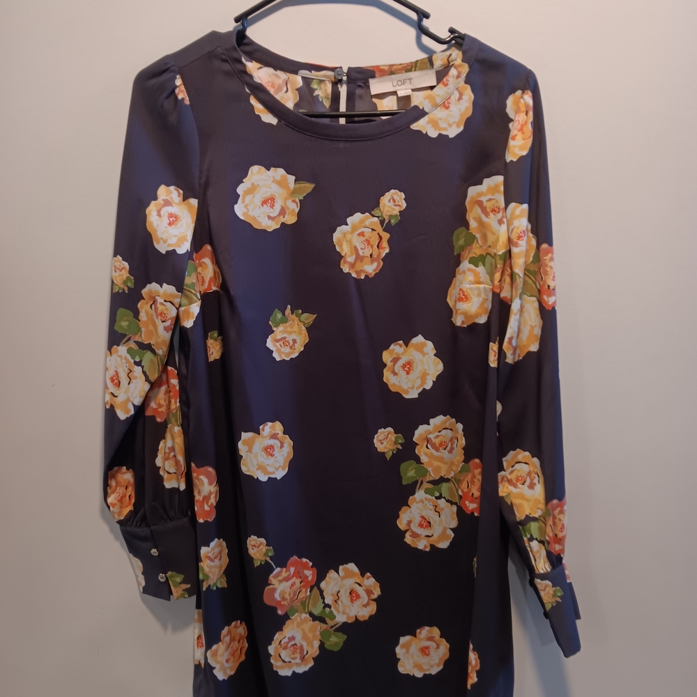 LOFT Gray Dress with Peach and Yellow Floral Pattern
